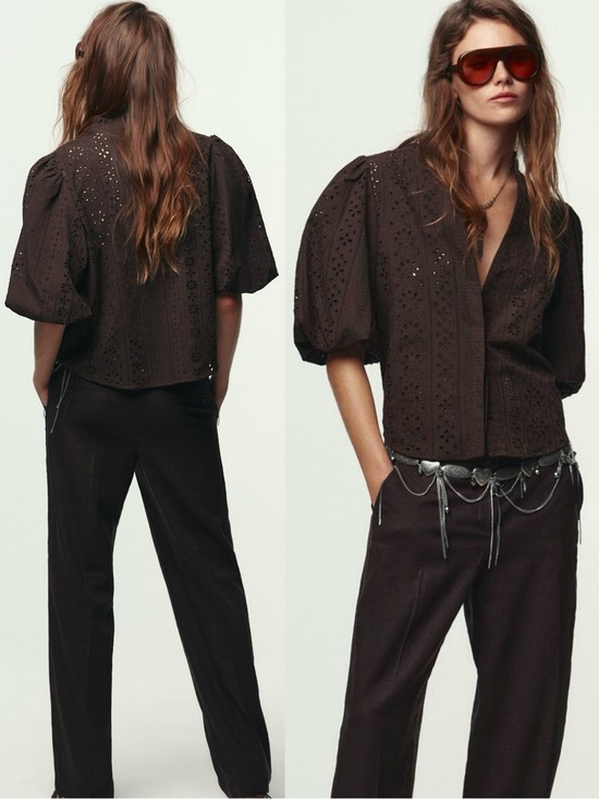 Zara Tops - Zara Puff Sleeve Shirt With Perforated Embroidery